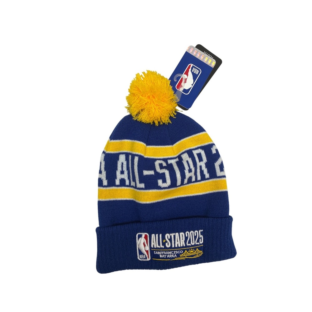 NBA All-Star 2025 San Francisco Bay Area Youth Beanie Knit Hat Blue Yellow Pom